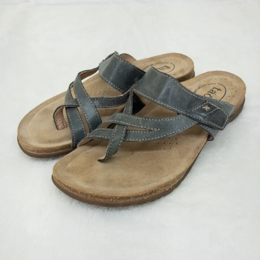 Taos Perfect Sandals Womens 7 Gray Leather Strappy Adjustable Comfort Thong